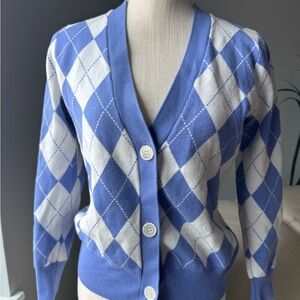 Elegant Blue and White Argyle Cardigan